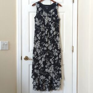 Elementz Y2K Vintage Floral Sleeveless Scoop Neck Midi Shift Dress Black Gray M